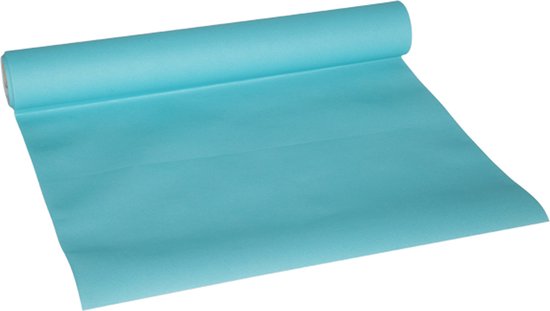 Een rol turquoise tafelpapier met een subtiel ruitpatroon, deels afgerold.