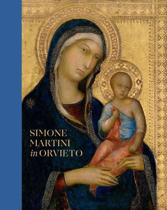 Boek met schilderij van Maria en kind Jezus, met tekst 'SIMONE MARTINI in ORVIETO'.