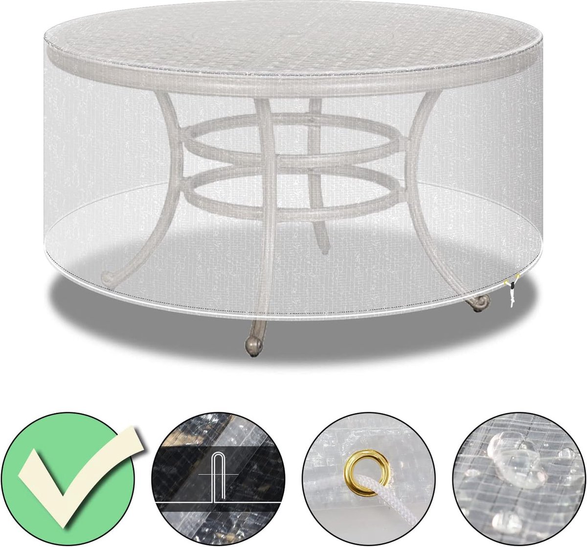 Meubelhoezen voor buiten, ronde terrastafel, waterdicht, winddicht, anti-uv, ronde tuinmeubelhoezen voor terrastafel en stoelen, groot, 130 x 71 cm, transparant