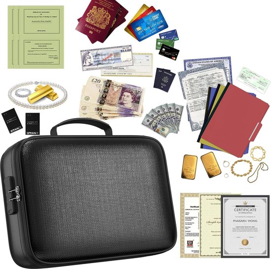 QNIGLO Brandwerende Documententas 36 x 27 x 10 cm, Brandveilig en Waterdicht, met Cijferslot, Geschikt voor A4 Documenten, Kaarten, Documenten, Laptops, Powerbanks