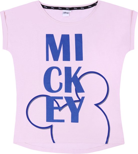 Roze dames T shirt met blauwe opdruk langere achterkant MICKEY bol
