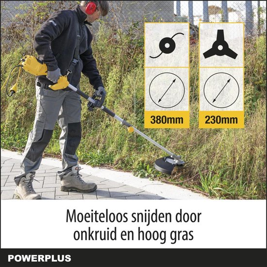 Man met gele Powerplus bosmaaier snijdt onkruid. 380mm en 230mm maaidiameter.