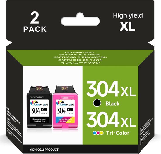 304XL printercartridges, 304XL zwart en kleur compatibel voor HP 304 printercartridges, voor Envy 5030 5010 5020 5032 DeskJet 3750 3760 2620 2600 3720 2630 2622 3735 3762 printers (2-pack)