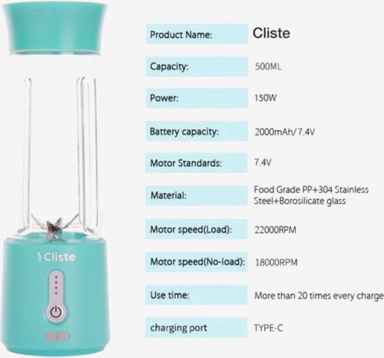 Draagbare Blender - Blender To Go - Smoothie Blender - USB Oplaadbaar -Portable Smoothie Maker - Draadloos - Compact Blender - 500 ml - Mini Smoothie Maker - Fresh Juice Maker - Portable Blender - Blauw - Recepten inbegrepen van Blendin™ — afbeelding 5