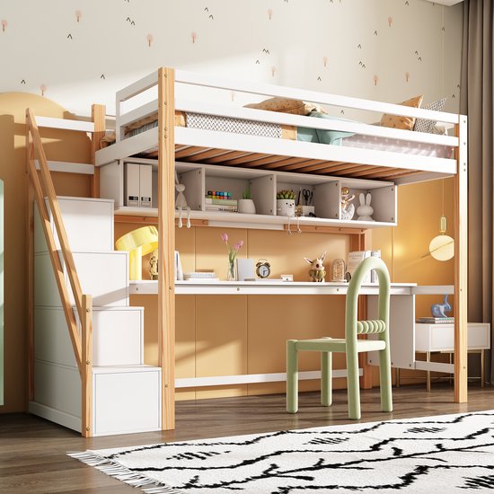 Sweiko Lit mezzanine enfant avec escalier de montagne 90*200cm, en bois de pin, lit superposé, lit enfant avec grand bureau et étagères, couleurs respectueuses de l'environnement, naturel et blanc