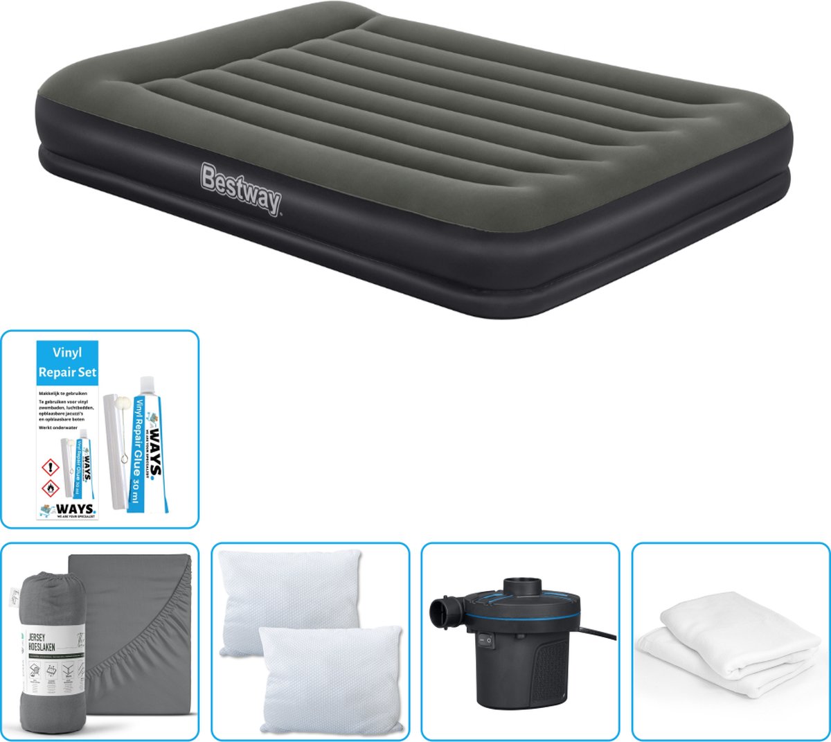 Bestway luchtbed - 2-Persoons - 152 x 203 x 36 cm - Groen - Inclusief Hoeslaken - Kussen - Kussenbeschermer - Pomp en Reparatieset