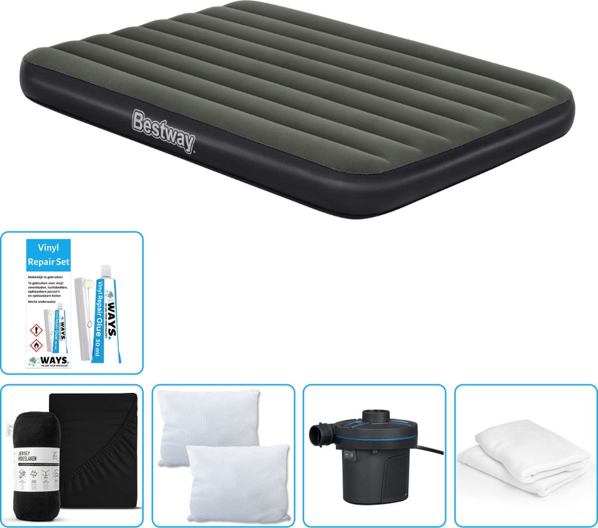 Bestway luchtbed - Twijfelaar- 137 x 191 x 25 cm - Groen - Inclusief Hoeslaken - Kussen - Kussenbeschermer - Pomp en Reparatieset