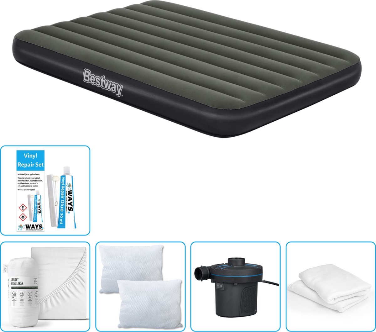 Bestway luchtbed - Twijfelaar- 137 x 191 x 25 cm - Groen - Inclusief Hoeslaken - Kussen - Kussenbeschermer - Pomp en Reparatieset