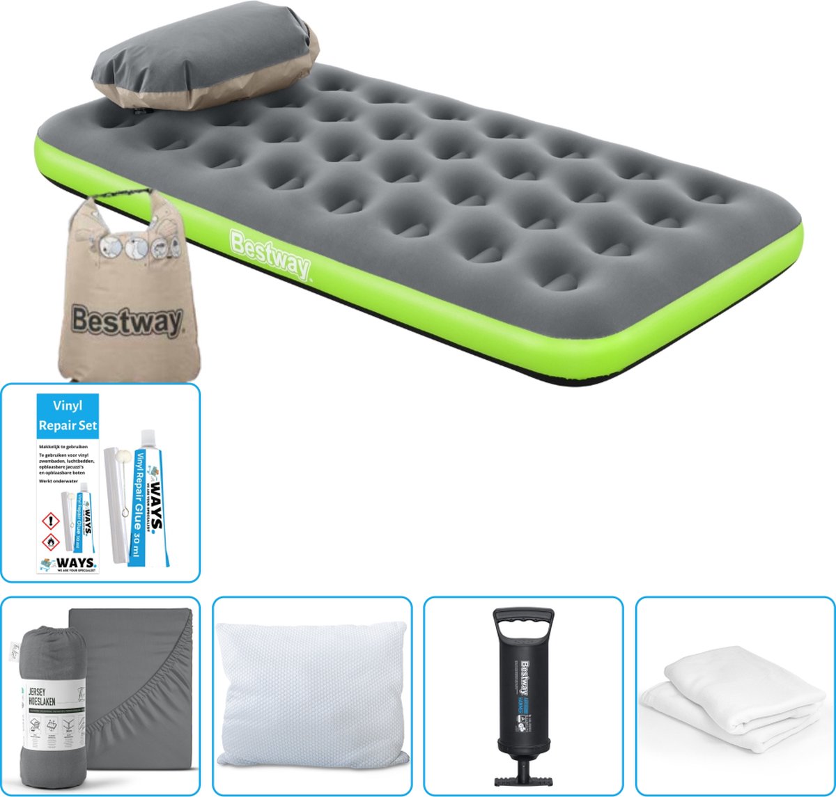 Bestway luchtbed - 1-Persoons - 99 x 188 x 22 cm - Grijs/Groen - Inclusief Hoeslaken - Kussen - Kussenbeschermer - Pomp en Reparatieset
