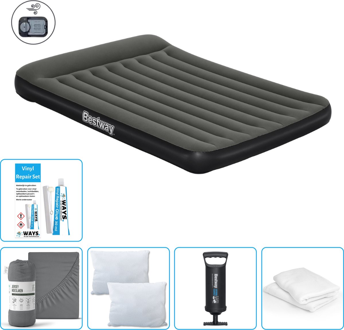 Bestway luchtbed - 2-Persoons - 152 x 203 x 30 cm - Groen - Inclusief pomp - Hoeslaken - Kussen - Kussenbeschermer - Pomp en Reparatieset
