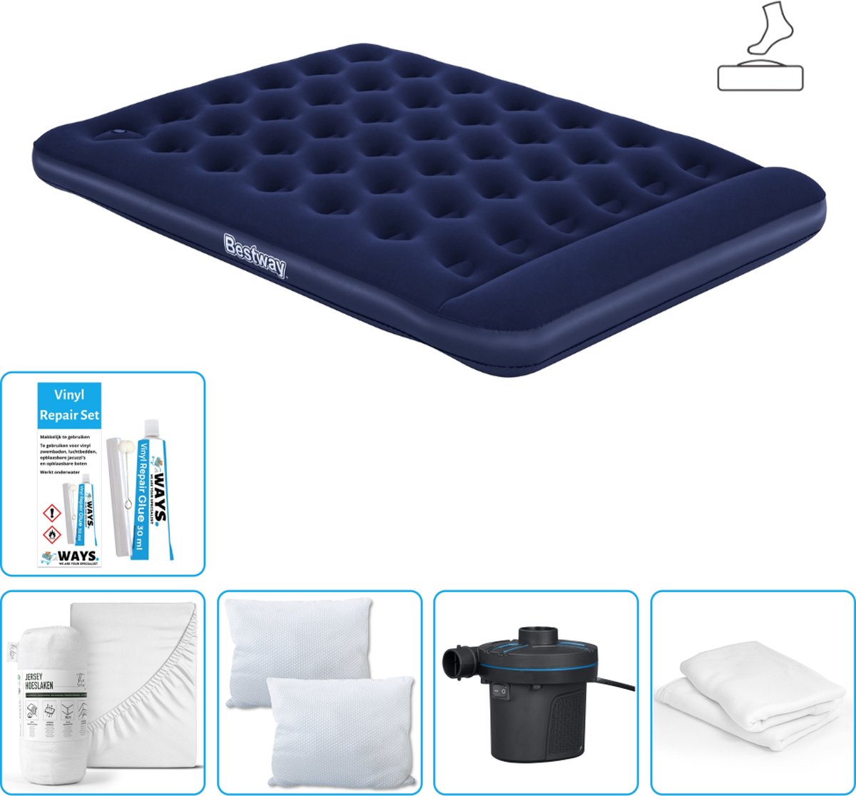 Bestway luchtbed - 2-Persoons - 152 x 203 x 28 cm - Blauw - Inclusief pomp - Hoeslaken - Kussen - Kussenbeschermer - Pomp en Reparatieset