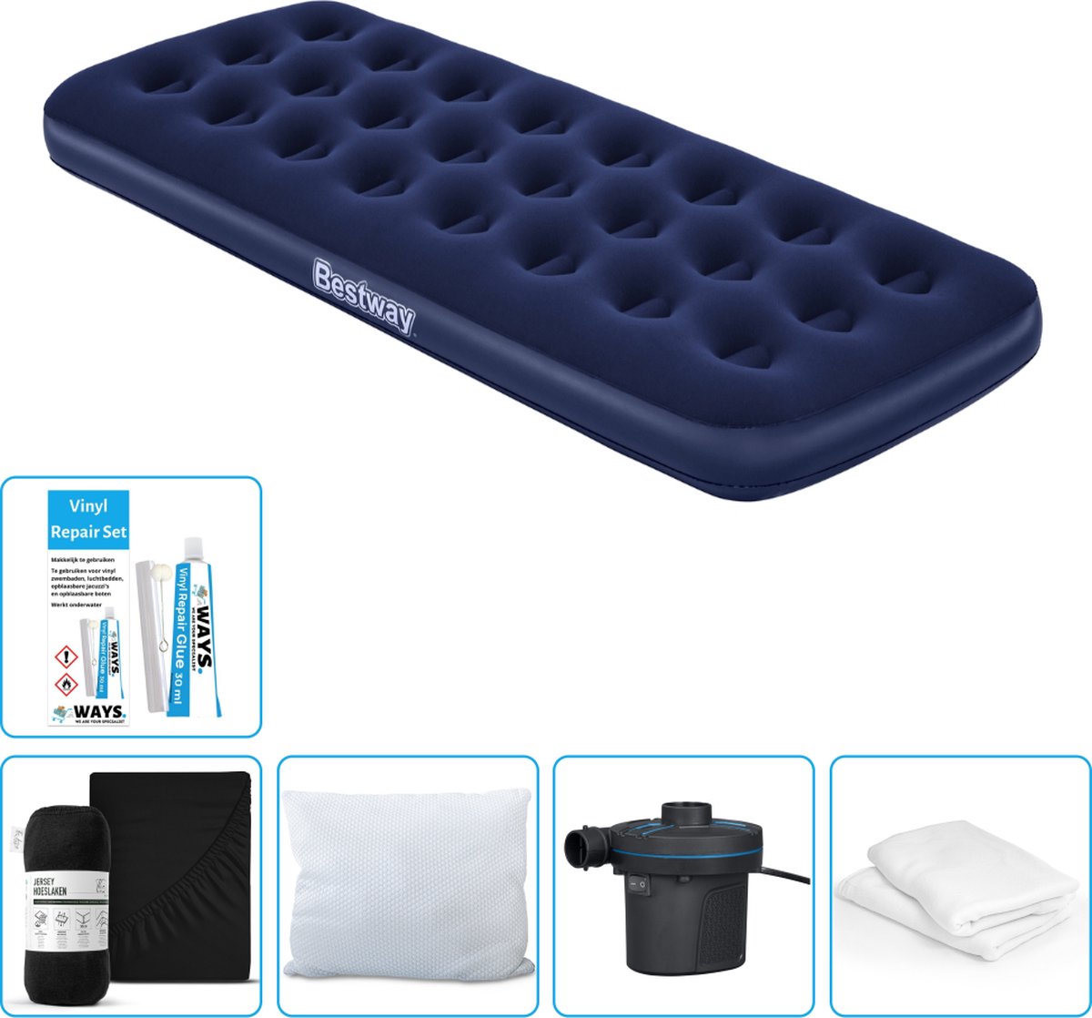 Bestway luchtbed - 1-Persoons - 76 x 185 x 22 cm - Blauw - Inclusief Hoeslaken - Kussen - Kussenbeschermer - Pomp en Reparatieset
