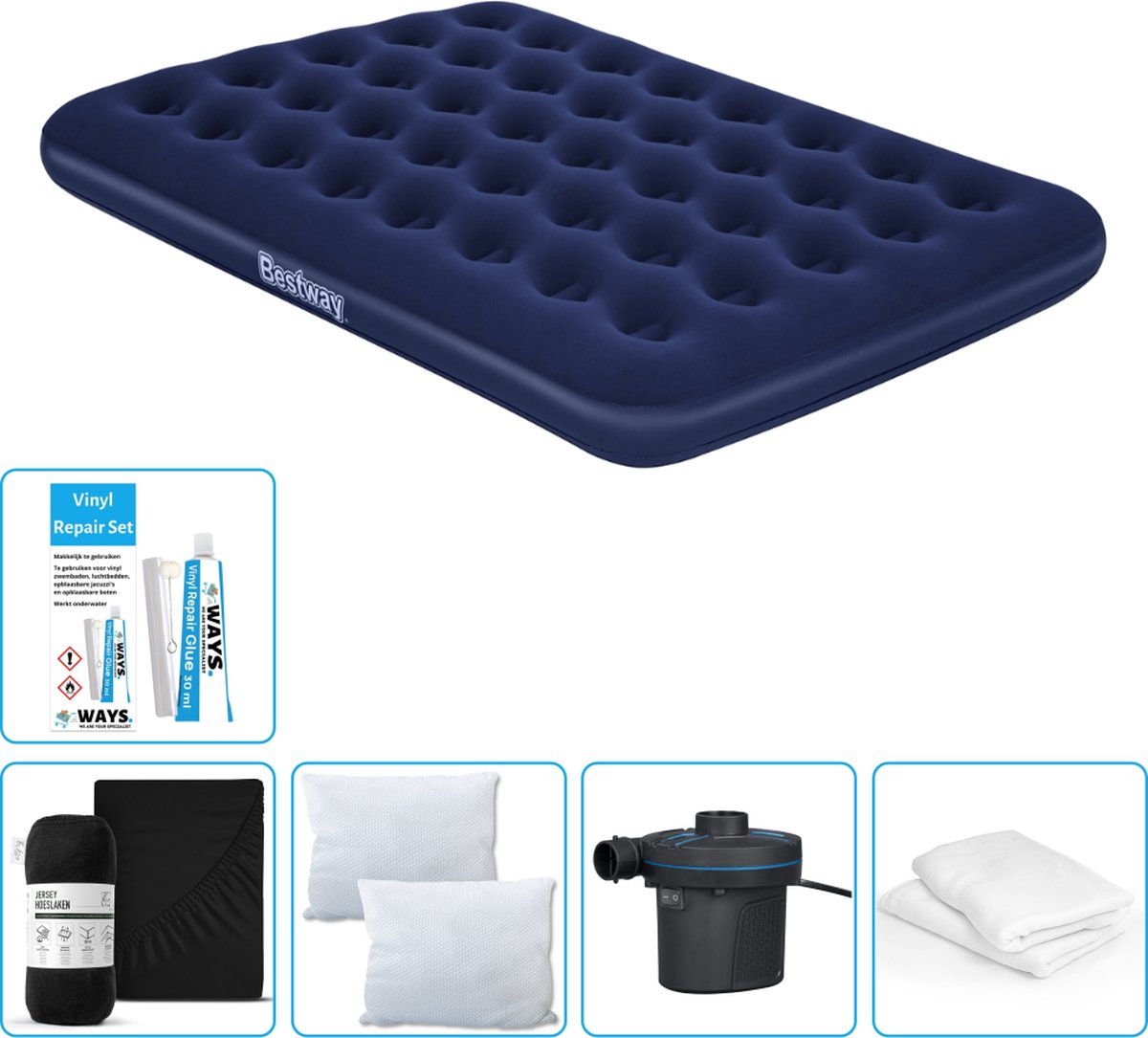 Bestway luchtbed - Twijfelaar - 137 x 191 x 22 cm - Blauw - Inclusief Hoeslaken - Kussen - Kussenbeschermer - Pomp en Reparatieset