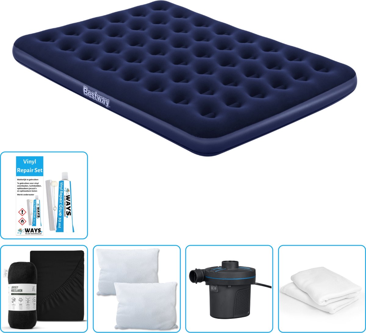Bestway luchtbed - 2-Persoons - 152 x 203 x 22 cm - Blauw - Inclusief Hoeslaken - Kussen - Kussenbeschermer - Pomp en Reparatieset
