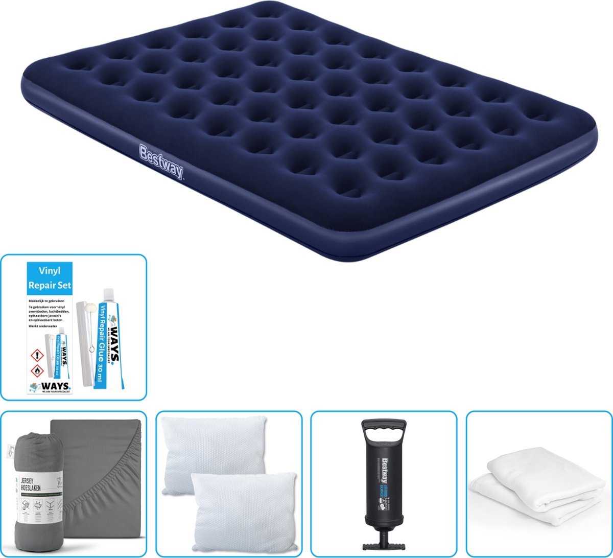 Bestway luchtbed - 2-Persoons - 152 x 203 x 22 cm - Blauw - Inclusief Hoeslaken - Kussen - Kussenbeschermer - Pomp en Reparatieset