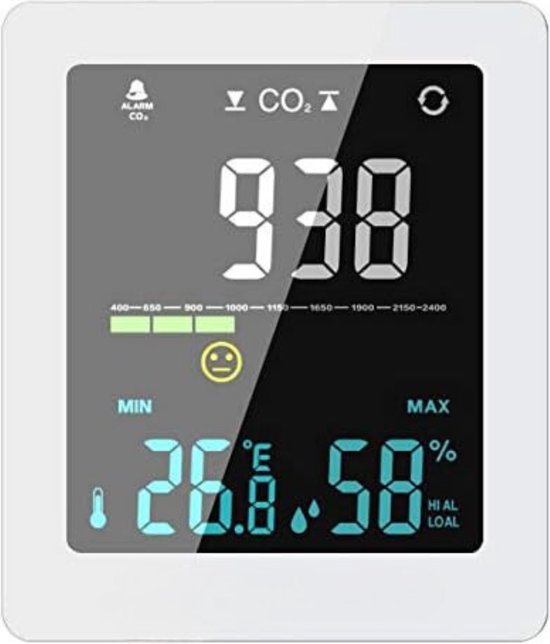 Luchtkwaliteitsmonitor - luchtmeter en weergave van vochtigheid en temperatuur - ventilatie-aanbevelingen - wit - wisselstroom