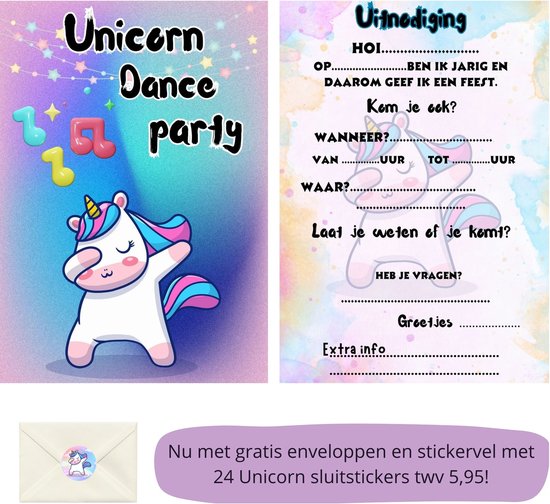 Uitnodiging kinderfeestje - Kinderfeest - Uitnodigingen - Verjaardag - Inclusief enveloppen - Eigen design en print - Wenskaart - Unicorn - 20 stuks - A6