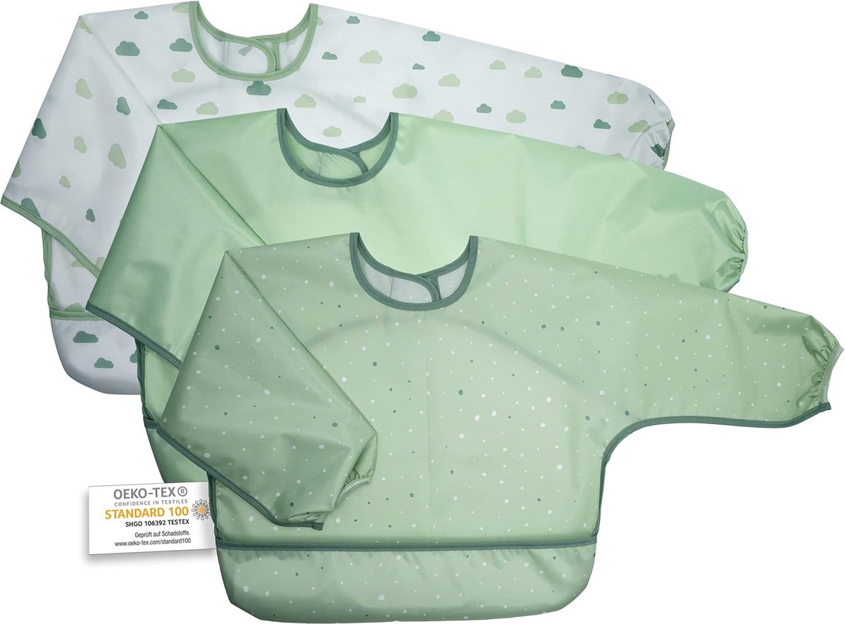 Goedkoopste Babyslabbetjes met mouwen en opvangschaal, 3 stuks mouwslabbetjes met klittenbandsluiting, Oeko-Tex®-standaard 100 getest, waterafstotend en afwasbaar, groen, groen