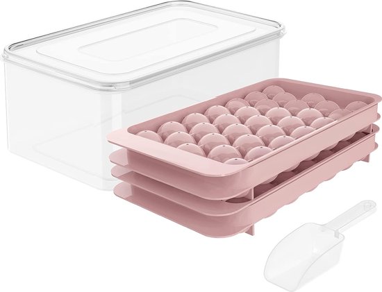 Foto: Ronde ijsblokjeshouder voor vriezer met container mini cirkelvormige ijsblokjeshouder 66x 3 cm stukken bolvorm ijskoeler thee en koffie 2 roze trays 1 container en schep 