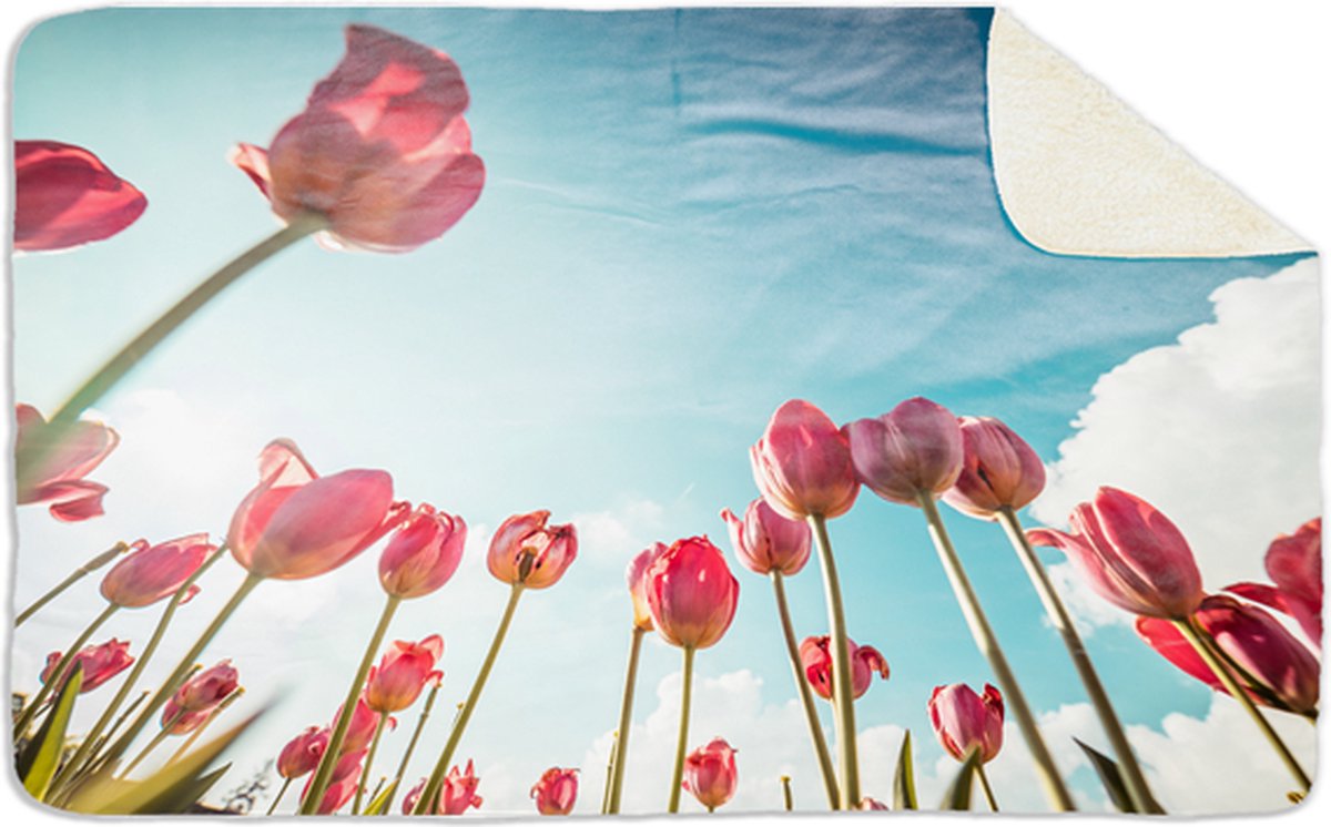 Fleecedeken Tulpen in blauwe lucht, 96x146cm, Polyester Sherpa