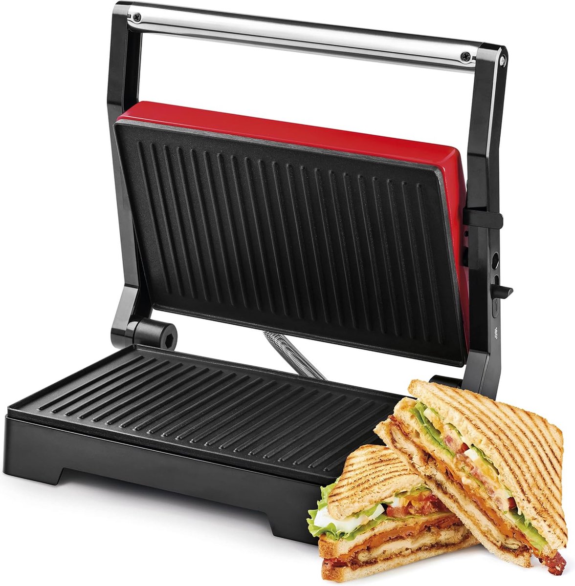 Royalty Line® PM1000 Tosti Apparaat - Kleine Contactgrill - Panini Grill - 1000W - Toaster Grill - 23 x 15 cm - Tosti Ijzer - Grill Apparaat - Rood - Royalty line