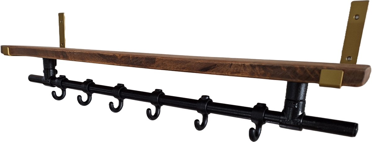 Hoexs - Wandkapstok Industrieel - Kapstok met Bovenplank - Mangohout - 90 Cm - 6 Haken - Metalen plankdragers Goud - Decoratie - Inclusief Bevestiginsmateriaal