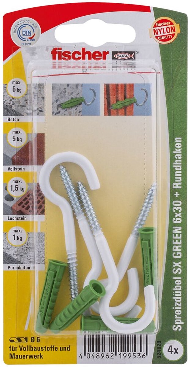 Fischer 4x spreidplug SX GREEN 6x30 RH N met ronde haak nylon gecoat - 524829 einde reeks
