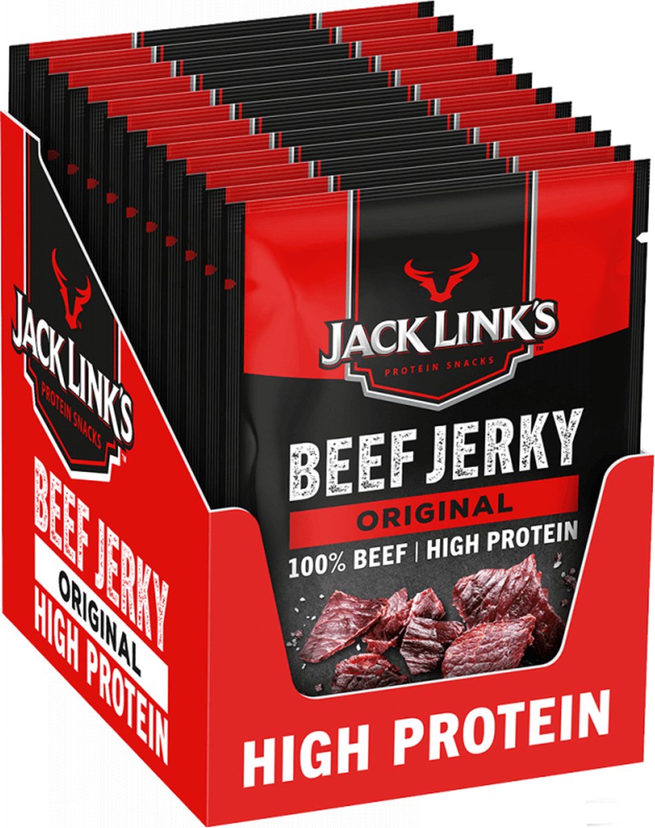 Jack Link's Original Beef Jerky - High Protein - 100% Beef - Hoog in Eiwitten - Ideale Proteine Snack - voor Tussendoor, Onderweg of voor het Sporten - 12x60g