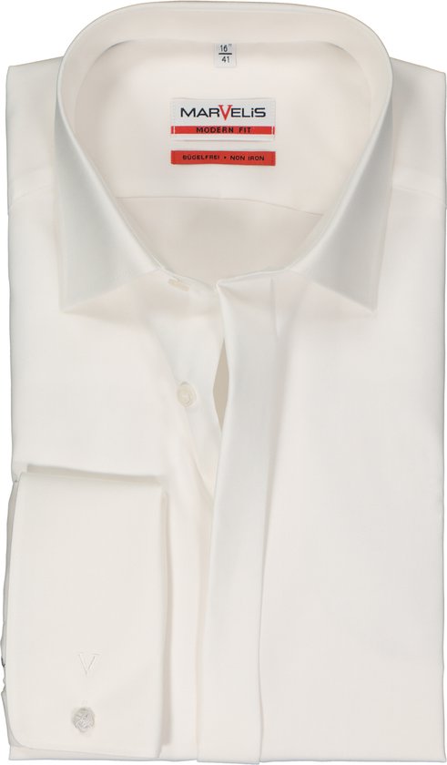 MARVELIS modern fit smoking overhemd - popeline - off-white - Strijkvrij - Boordmaat: 48