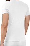 Achterkant van een man die een wit bamboe V-hals T-shirt draagt.