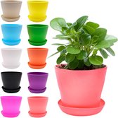 10 stuks kunststof mini-plantenbakken, kleurrijke plastic bloempotten, gekleurde plantenpotten, kleine potten met onderzetters, zaailingpotten, ronde kweekpotten voor buiten en kamer, 10 stuks
