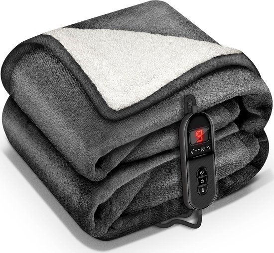 Luxe Elektrische deken met automatische uitschakeling, 180 x 130 cm, (kleur: Antraciet) TÜV SÜD GS-getest, elektrische warmtedeken met 9 temperatuurniveaus, knuffeldeken, wasbaar, bed, bank - Luxe en duurzame elektrische deken