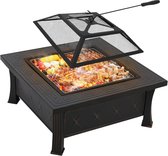 AllinShop® - BBQ - Grill Apparaat - Vuurkorf - Vuurschaal - Met Kookrooster - Met Vonkscherm - Met Poker Haak en Opvangbak - Tuinhaard - Kookplaat - Vierkant - Zwart - 81x81x34.5CM