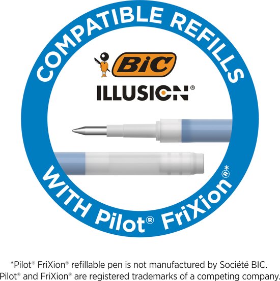 Stylo bille effaçable et rechargeable et recharges BIC Illusion - Encre noire - pack de 1 stylo et 2 recharges - Pointe Medium 0 mm