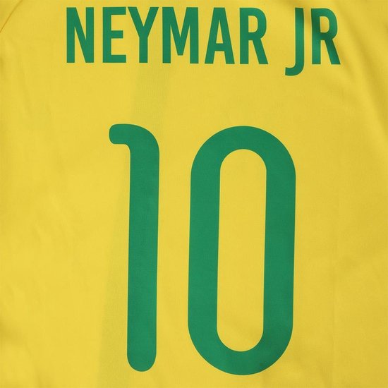 Gele stof met groene opdruk van 'NEYMAR JR' en het nummer '10'.