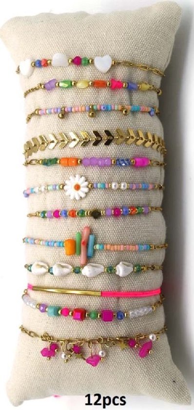 Armbanden Dames - Set 12 Stuks op Kussen - RVS - Lengte 17-21 cm - Goudkleurig en Multicolor
