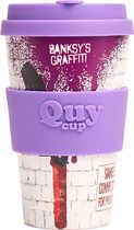 Quy Cup 400ml Ecologische Reisbeker - De originele Banksy's Graffiti "Hammer Boy" BPA Vrij - Gemaakt van Gerecyclede Pet Flessen met licht paars siliconen deksel - travelmug