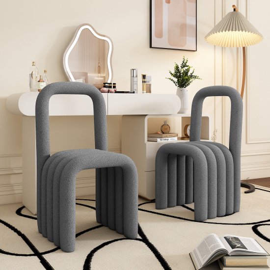 Lot de 2 chaises de salle à manger en tissu Sherpa - Chaise de salle à manger familiale - Design minimaliste moderne - Pour salon, chambre à coucher, chaise de maquillage avec dossier - Gris