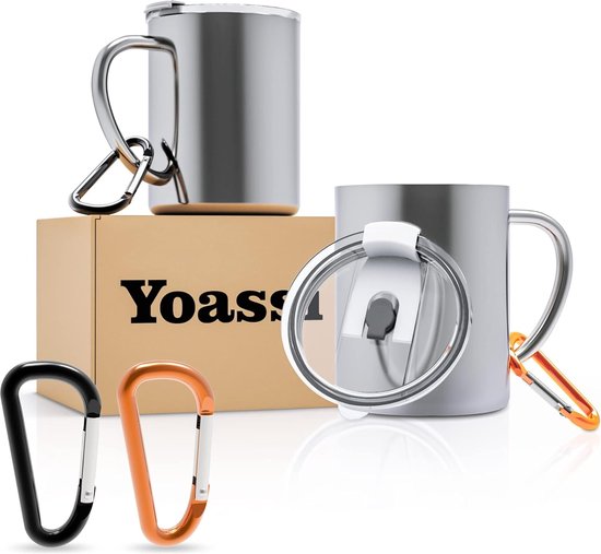 Lot De 2 Tasses Isothermes 400 Ml En Acier Inoxydable Double Paroi Avec Poignée Et Couvercle - Idéal Camping & Bureau
