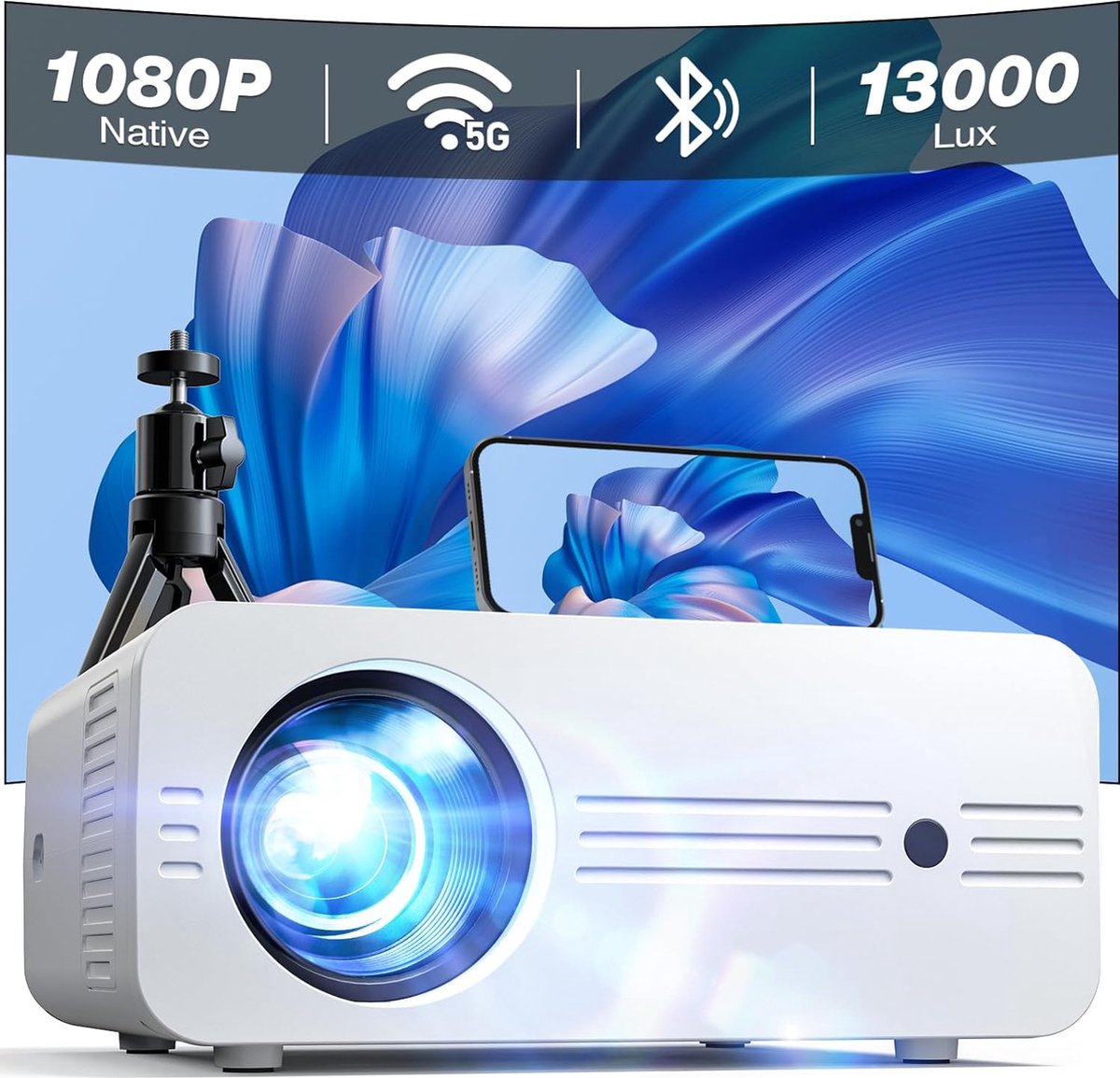 DiverseGoods Projector [Upgrade] Beamer 5G WiFi Bluetooth 13000 Lux Native 1080P 4K Ondersteund, Mini projector 300” thuisbioscoop Geschikt Voor iOS Android HDMI TV Stick PS5 (Tas en Statief Inbegrepen)
