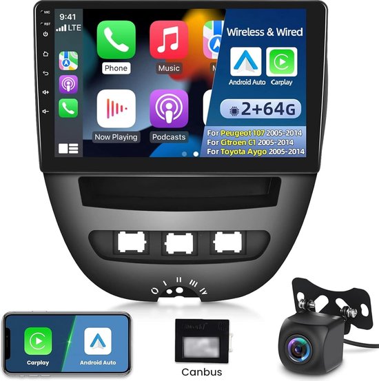 NHOPEEW - 2+64G - Android Autoradio - Peugeot 107 / Citroen C1 / Toyota Aygo 2005-2014 - Bluetooth GPS WiFi