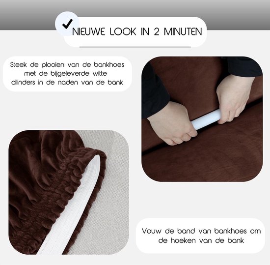 Handen die witte schuimcilinders in de naden van de bankhoes duwen, om deze strakker te maken.