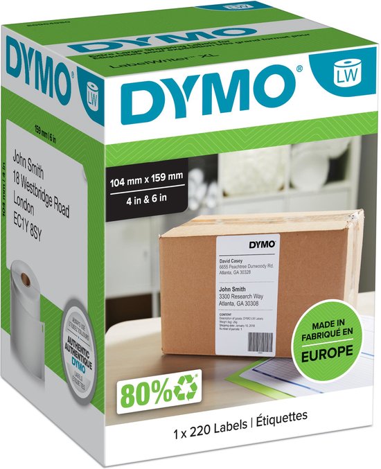 Foto: Dymo originele labelwriter verzendetiketten extra groot 104 mm x 159 mm 220 zelfklevende labels geschikt voor de labelwriter labelprinters gemaakt in europa