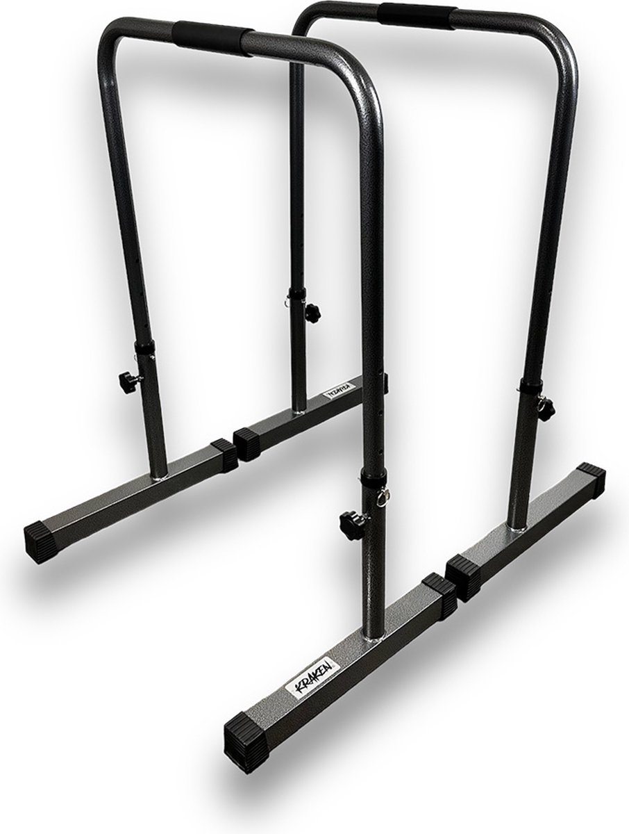 KRAKEN Dip Bars - Verstelbare Fitness Equalizer - Dipbars Dip Station - Parallel Bars Calisthenics - Rubber Antislip Handvatten - Stalen Frame - Max. 150 kg Belastbaar - Hoogte Verstelbaar 80-102 cm - Krachttraining, Turnen, Gymnastics en Bodyweight