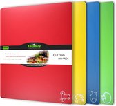 Kunststof snijplanken voor de keuken, set van 4, Fotouzy flexibele matten met voedselsymbolen, BPA-vrij, niet-poreus, antislip, vaatwasmachinebestendig, regenboogkleuren
