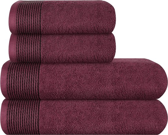 Ultra Soft Set van 4 handdoeken, katoen, bevat 2 extra grote badhanddoeken 70 x 140 cm, 2 handdoeken 50 x 90 cm, voor dagelijks gebruik, compact en licht, bordeauxrood