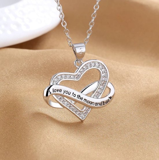 Ketting met hanger dubbele hart Love you to the moon and back zirkonia sterling zilver925