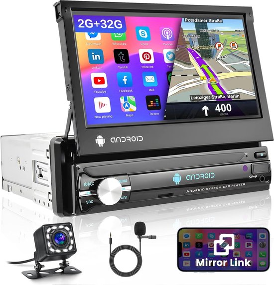 Hikity Autoradio 1Din Mit Ausfahrbarem 7 Zoll Touchscreen - Apple CarPlay & Android Auto
