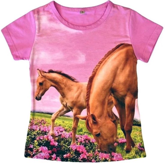 T-shirt met paarden, roze, full colour print, kids, kinder, maat 98/104, horses, mooie kwaliteit!