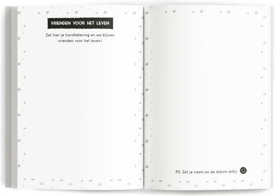 Open vriendenboek met een pagina 'Vrienden voor het leven' en een lege pagina met stippen.